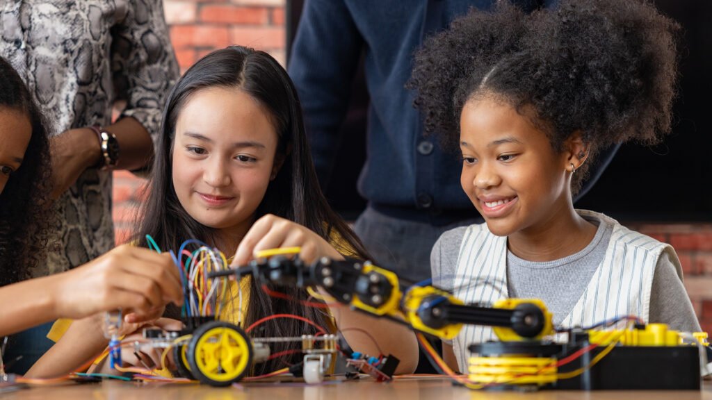 Young kids in engineering class